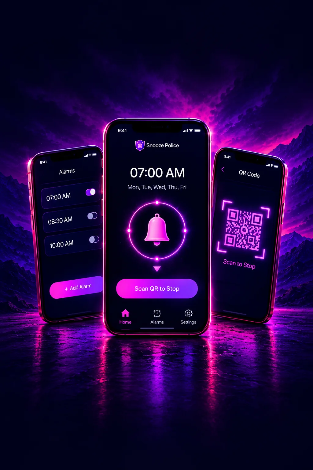 Three Snooze Police app screens: the alarm list, the ringing alarm with a Scan QR to Stop button, and the QR code scanner