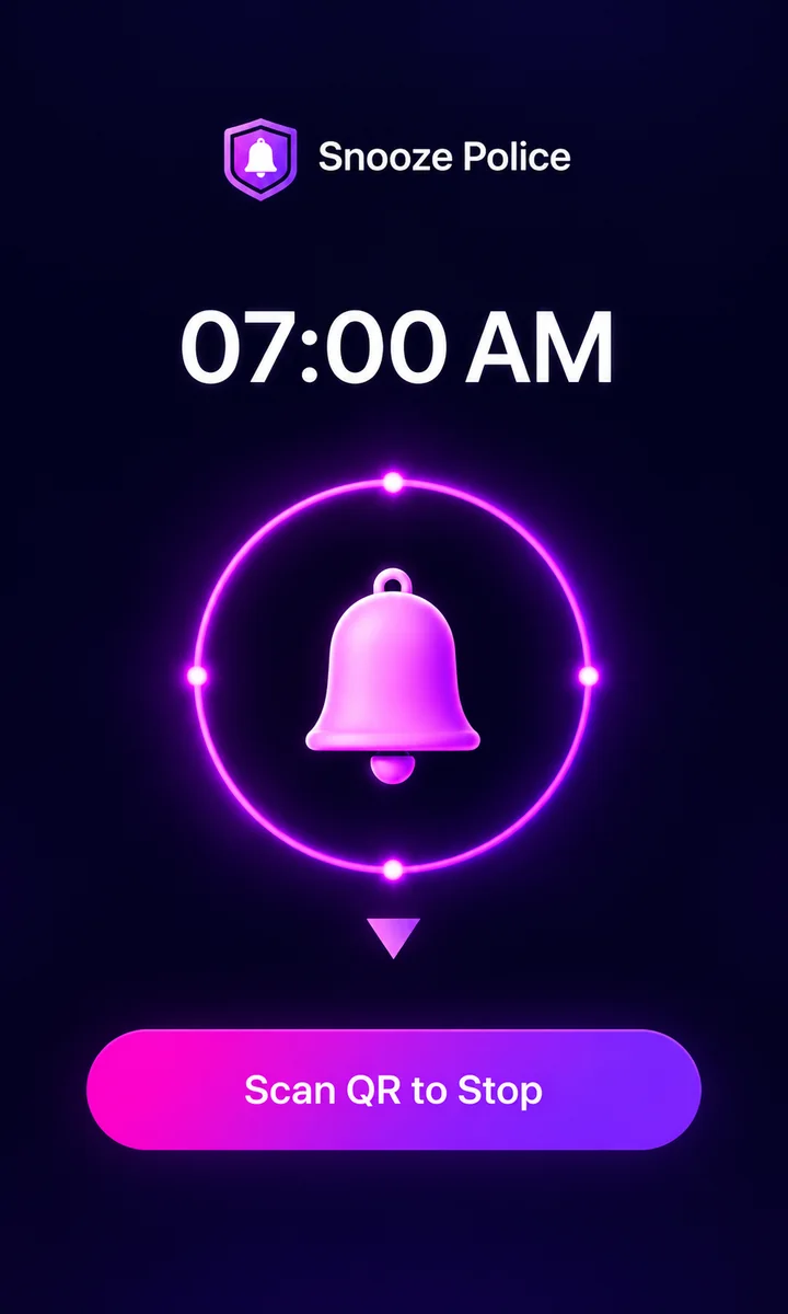 Snooze Police alarm ringing at 7:00 AM with a Scan QR to Stop button