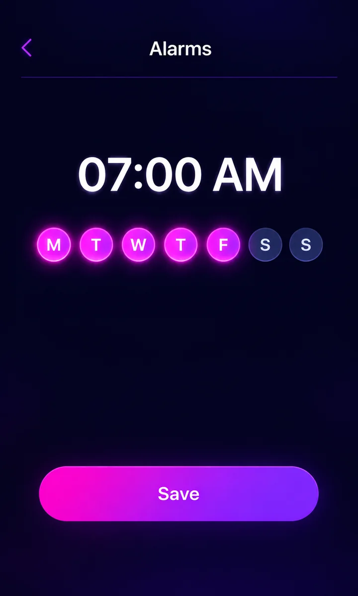 Snooze Police alarms screen with a 7:00 AM alarm, weekday buttons and a Save button