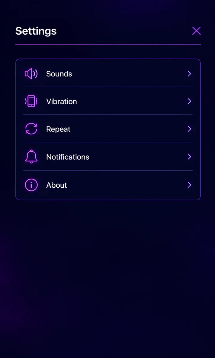 Snooze Police settings screen with sounds, vibration, repeat, notifications and about