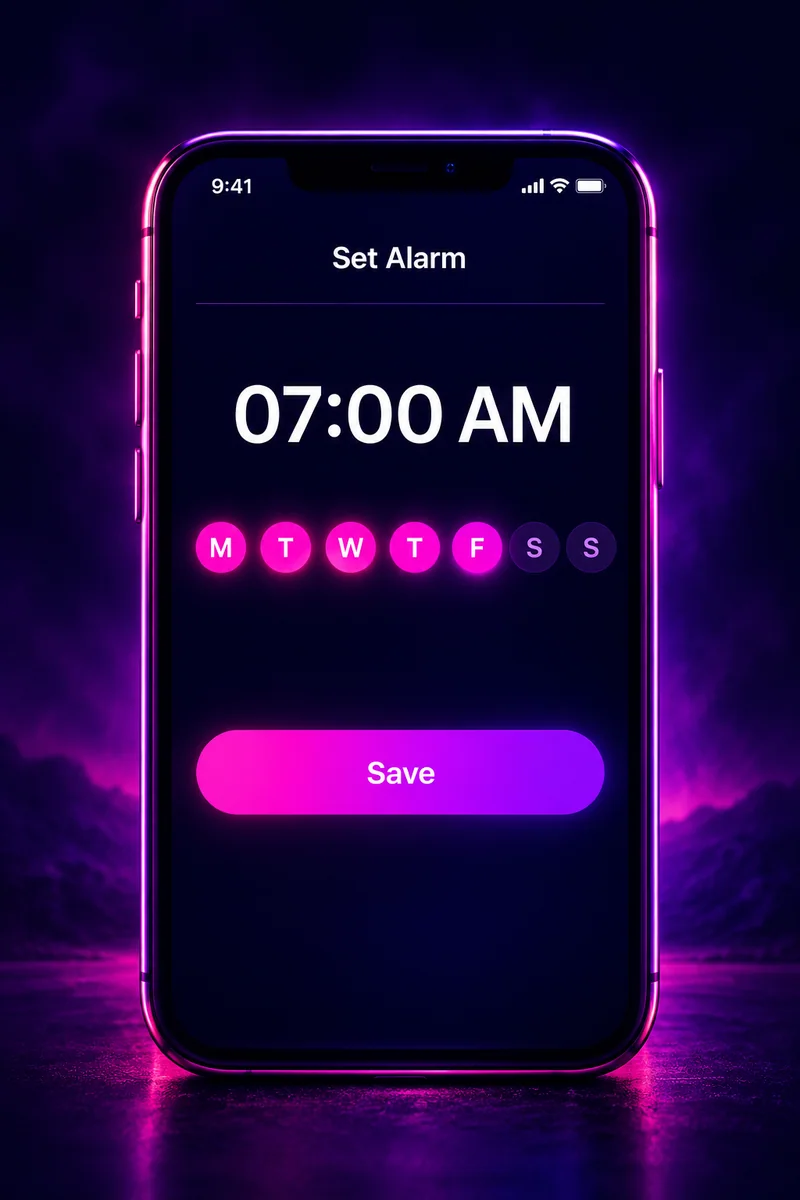 Snooze Police app screen for setting a 7:00 AM alarm with weekday buttons and a Save button