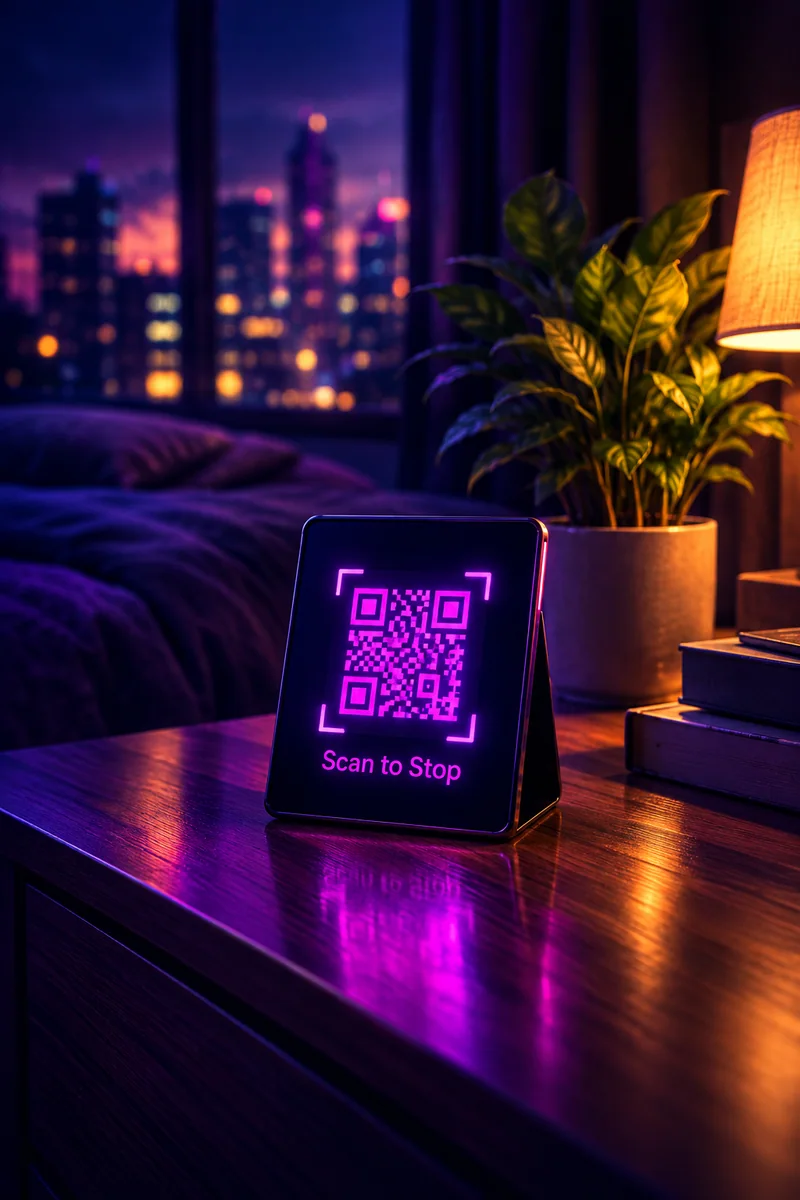 A glowing QR code stand on a bedside table, placed away from the bed at night