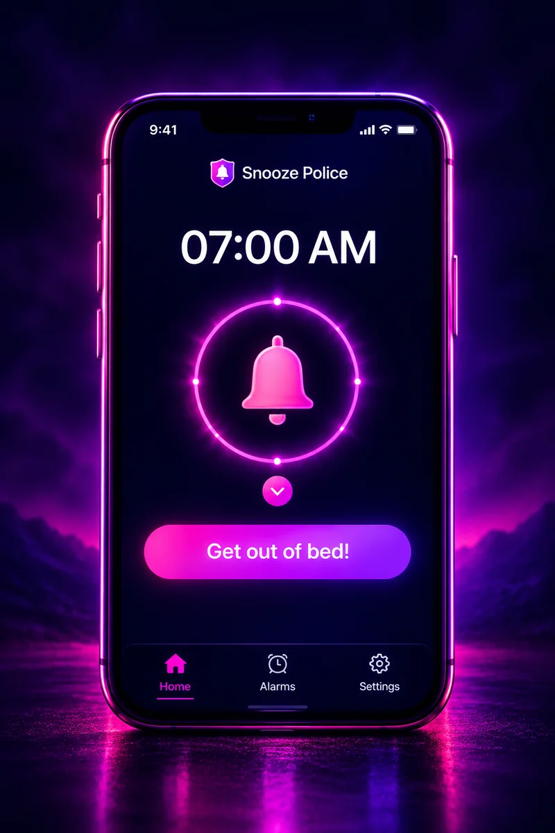 Snooze Police app alarm ringing at 7:00 AM with a Get out of bed button
