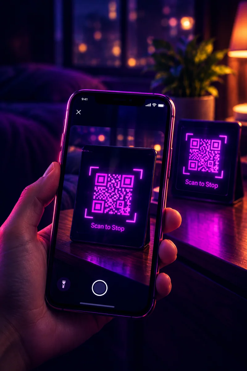 A hand holding a phone and scanning a glowing QR code to silence the alarm